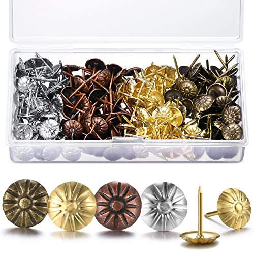 200 Pcs Upholstery Tacks for Decorative Furniture Upholstery Nails 7/16 Inch Vintage Head Diameter Brass Daisy Thumb Tack Push Pin Furniture DIY Decorative (Antique Brass, Gold, Red Copper, Silver)