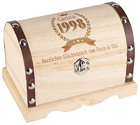 Herz & Heim® Schatzkiste aus Holz als Geburtstagsverpackung mit Name, Wunschtext und Jahreszahl