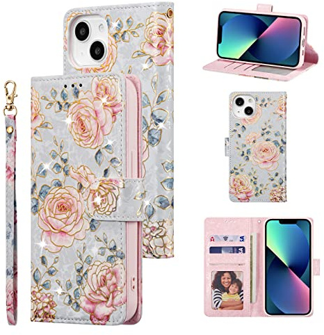 UEEBAI Wallet Case for iPhone 13 6.1 inch, PU Leather Phone Case Kickstand RFID Blocking Flip Case with Card Slots Wrist Strap Relief Engraved Pattern Magnetic Closure Folio Case - Purple Rose