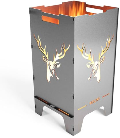 MOCAVI Edelstahl Feuertonne Hirsch 73 cm | 3 mm V2A Design-Feuersäule für Garten, Terrasse und Balkon Feuerschale Feuerkorb massiv sicher groß quadratisch Feuerstelle Outdoor faltbar hitzefest