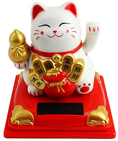 Freak Scene Glückskatze Maneki-Neko Vermögen Solar auf Sockel 8cm weiß Winkekatze Lucky cat