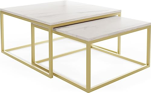 WFL GROUP Rechteckige Quadratische Satztische Couchtische mit Gold Gestell - Loft Style Couchtische Metallbeine - 2 in 1 - Zwei Industrielle Getrennte Tische für Wohnzimmer - Marmor Weiß