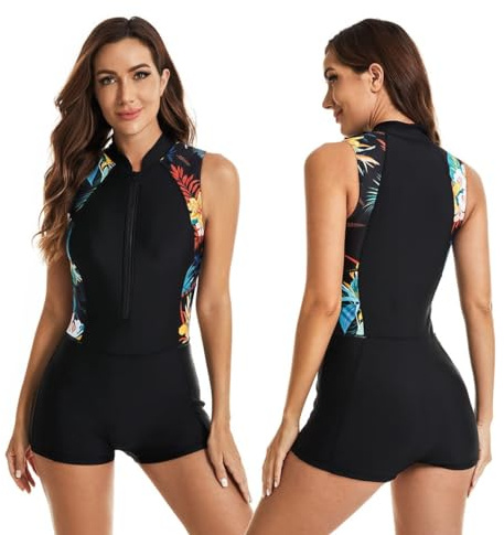 BEACHKINI Costume da Bagno Intero per Donne Costume da Bagno Senza Maniche con Zip Frontale,52 Nero,M