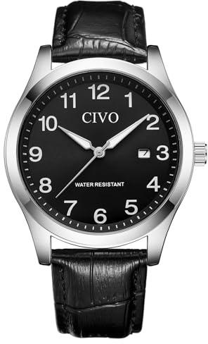 CIVO Montre Homme Lecture Facile: 40mm Cadran Clair avec Grands Chiffres Aiguilles Lumineuses et Date pour Les Aînés - Montre Analogique avec Bracelet en Cuir Noir - Cadeau pour Lui