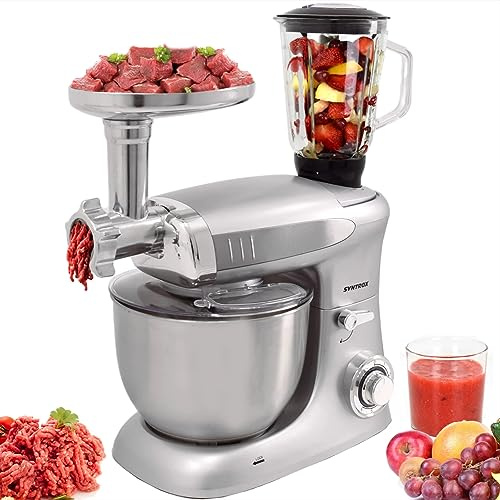 Syntrox Germany Küchenmaschine Deluxe Fleischwolf & Mixer, Rührmaschine mit Zubehör, Vielseitige Kochhilfe, Mixer und Fleischwolf in einem, 1300 Watt, 230 Volt (Silber)