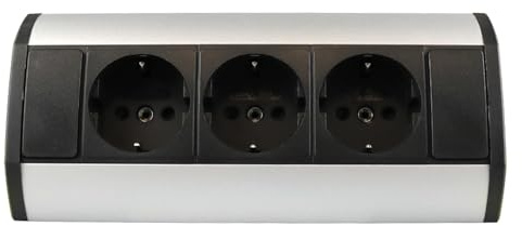 kalb | Unterbau- / Aufsatz-Steckdose 3-Fach, Ecksteckdose, Alugehäuse mit 100cm Kabel und Schukostecker, Silber