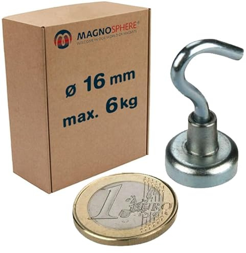 Magnethaken Extra Stark 6 kg Starke Neodym Magnet mit Haken Hakenmagnete Magnetische Haken Ø 16 mm für Küche Camping Grill Dekor Büro Lager Werkstatt Montage Kreuzfahrt - 10 Stück