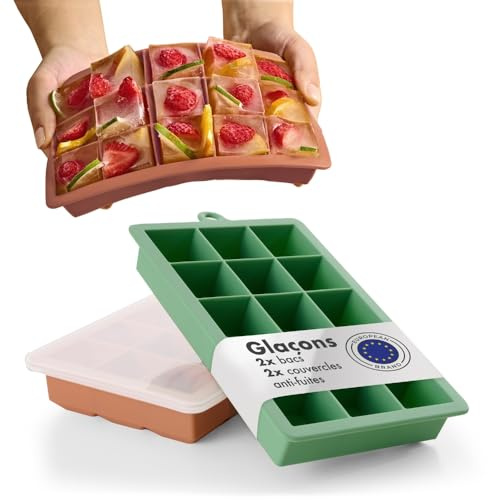 Blumtal silikonform för isbitar med lock i Olive Green - Mineral Red i kubstorlek XL - bpa-fri isbitsbricka - lätt att ta ut isbitar - stor kubform - stor fyrkantig isbitsform