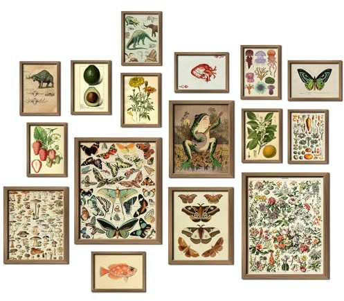 ANERZA 16 PCS Framed Vintage Wall Art Decor, Botanical Cottagecore Wall Prints for Bedroom, Gallery Wall Frame Set, Farmhouse Posters for Living Room Aesthetic, Rustic Dorm Home Collage Kit