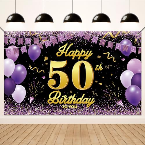Koliphy 50. Geburtstag Deko, 50. Happy Birthday Banner für Mann Frau, Schwarz Lila Stoff 50 Geburtstagsbanner Hintergrund Party Dekoration Drinnen und Draußen