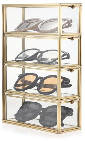Hipiwe Sunglasses Organizer Box with 4 Drawers, Gold Metal Eyeglass Storage Holder Eyewear Display Case, Clear Glass Multiple Drawer Organizer for Glasses Jewelry Watch Vanity Makeup