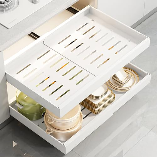 Erweiterbar Ausziehbare Schublade, 1 Stück Ausziehbarer KüChenschrank Organizer, Teleskopschublade Erweiterbar Schrank Aufbewahrung mit Schienensystem für Küche Pantry, Einstellbare Breite 32-52cm