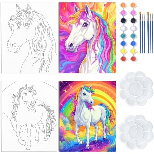 WEBEEDY 2 Pack Vorgezeichnete Leinwand Malerei Kit Färbung Pferd Vorgedruckte Leinwand Set für Erwachsene Anfänger, 20x25cm Umriss Leinwand Malerei Geschenk für Paint and Sip Party Supplies
