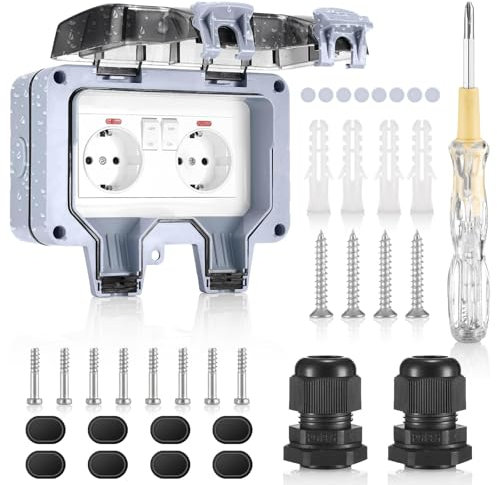 Sprifityy Außensteckdose IP66 Wetterfest,Gartensteckdose Aufputz Schutzkontakt,Outdoor Steckdose 2fach mit Klappdeckel,Staubdicht Steckdose,für Feuchtraum Garten den Aussenbereich,Garage