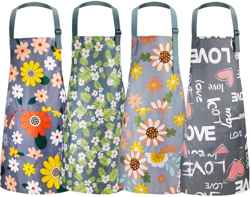 Tczecoo 4 Stück Blumenschürzen mit Tasche, Küchenschürze Damen | Wasserdichte Schürzen, Verstellbare Kochschürzen für Küche Kochen Gartenarbeit Backen Salon