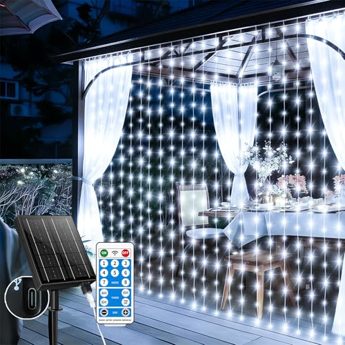 GCMacau Rideau lumineux solaire, 6x3M 600 LED guirlande lumineuse, chaîne de lumières solaires avec 8 modes & temporisateur et mémoire, Rideau Lumineux für Noël