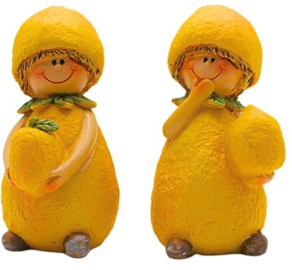 2 stycken stora dekorativa figurer, trädgårdsfigurer som citron, fruktfigurer som citron, sommarfigurer, citronfigurer, citronbarn, av keramik i set om 2 i gult, storlek på en figur: L/B/H 6 x 6 x 10