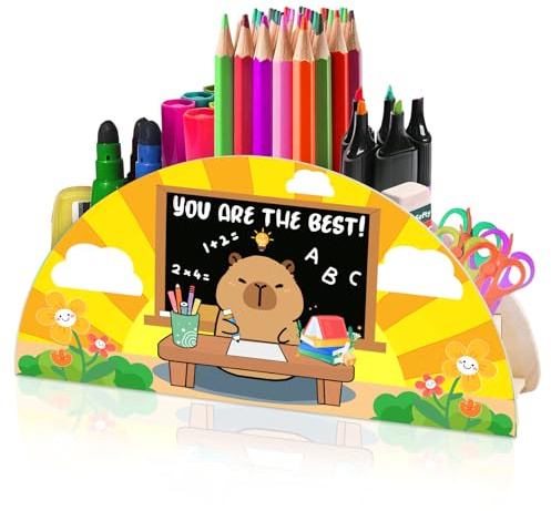 LUKIUP Holz Stiftehalter Kinder Schreibtisch - Organizer mit Capibala Design, Stiftebox für Kinder ab 6 Jahren, Schreibtischzubehör Naturholz Mehrfachfach