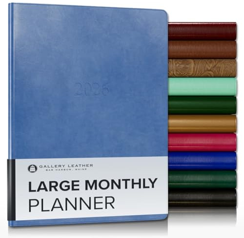 Gallery Leather Großer Monatsplaner 2025-2026, elegant gebundener Kalenderplaner und Notizbuch mit stilvollen goldvergoldeten Seitenrändern, 18 Monate, Acadia Hortensie - 24,8 x 19,1 cm
