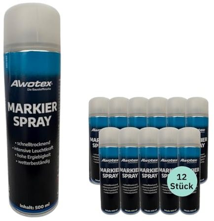 AWOTEX Markierspray neon-blau 500ml I 12 Stück Sprühfarbe mit hoher Deckkraft & ohne FCKW I Markierungsspray Baustelle schnell trocknend & wetterfest I Sprühfarbe zum Markieren für Wand- & Boden