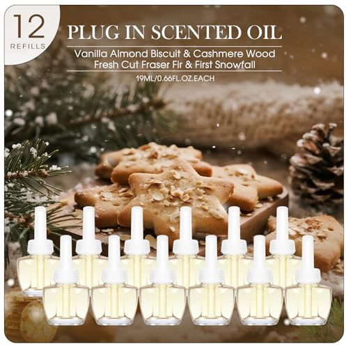 SCENTORINI Duftölflakon Nachfüller, Kompatibel Mit Air Wick und Glade Duftstecker, 12 x 19 ML, Vanille-Mandel-Keks, Kaschmir-Holz, Frisch-FrasierTanne, Erster Schneefall Raumduft Lufterfrischer