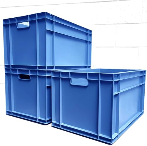 AUTORCE 3x 66L Heavy Duty Plastic Storage Boxes – Large Industrial Euro Containers 600x400x320mm – Stackable Crates for Warehouse, Garage, Tools, Home & Commercial Use (Blue)