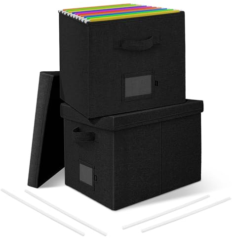 Onylin File Organizer Box with Lid, Document Storage Organizer with Handle, Collapsible Hanging Document Filling Box for Letter/Legal File Folder - 15 x 12.6 x 11 inch (Black, 2 Pack)