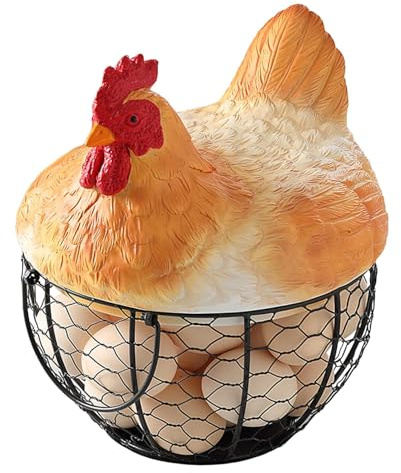 Cesta para huevos de metal vintage – Contenedor organizador de metal rústico | Huevera de mostrador con tapa en forma de gallina – Ideal para cocina rústica, escritorio de Pascua, fruta, aperitivos