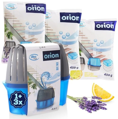 Orion Set de 450 g x 4 – Deshumidificador granulado con aroma a limón – Caja absorbente de humedad contra olores y moho para baño, cocina, sótano, caravana
