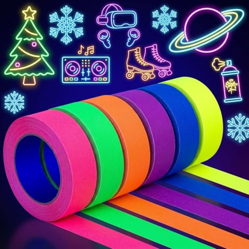 6 Rouleaux Ruban Adhésif Fluorescent UV, 5m x 15mm Fluo Couleur, Gaffer Tape Phosphorescent pour Décoration Fête, Soirée Lumière Noire, Scrapbooking et Artisanat (6 Couleurs)