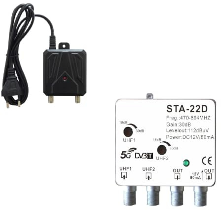 Kit Professionale Ricezione TV Digitale Terrestre Amplificatore da Palo 2 ingressi UHF 2 uscite 30dB con Filtro 5G + Alimentatore Stabilizzato 12V 300mA