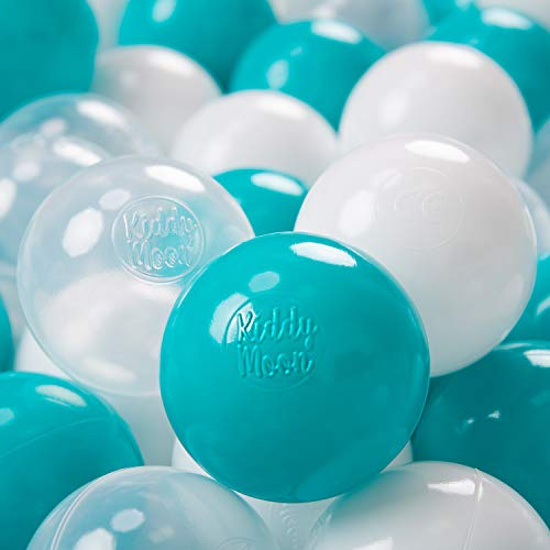 KiddyMoon 300 Ø 7 cm barnbollar lekbollar för bollbad baby plastbollar tillverkade i EU, turkos/transparent/vit