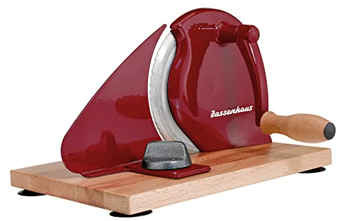 Zassenhaus Brotschneidemaschine manuell CLASSIC | Rot | Solinger Klingenstahl | Schnittstärken: 1-18mm | Brett und Kurbel aus Buchenholz | 30 × 25,5 × 19cm