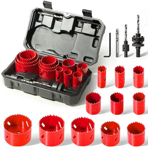 Bi-Metal Hole Saw Kit, HYCHIKA 17 Pcs High Speed Steel 3/4 to 2-1/2 Hole Saw Set in Case with Mandrels, Hole Saw Bit for Metal, Drilling PVC Board,and Plastic Plate