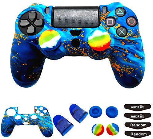Silikon-Schutzhülle für PS4 Controller (1 x rutschfeste Hülle, 1 Paar L2 R2 Trigger Extender, 4 Daumengriffe, LED-Lichtleisten-Aufkleber) Schutz DualShock PS4/Slim/Pro (himmelblau und gelb)
