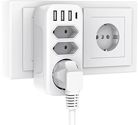 USB Steckdose, Gogotool 3 Steckdosen mit 3 USB Anschluss und 1 Typ-C Port, 7-in-1 Steckdosen Adapter, Wand Steckdoseadapter für Haushaltsgerät, Smartphone, Mp3, PC usw (Weiß)