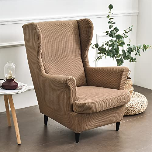 Highdi 2 Teilig Jacquard Ohrensessel Überzug, Sessel-Überwürfe Ohrensessel Schonbezüge Bezug Sesselhusse Elastisch Stretch Stuhlbezug mit Armlehne Hohe Rückenlehne Universal (Khakibraun)