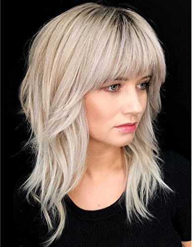 Baruisi Blonde Wig with Bangs Shoulder Length Layered Wig Dark Roots Synthetic Party Cosplay Wigs for Women
