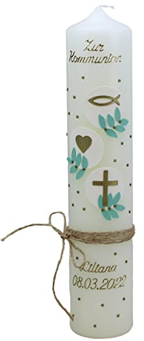 christ-kerzen Kommunionkerze LILIANA mit Kreuz, Taube, Kelch und Fische/Wellen 1356