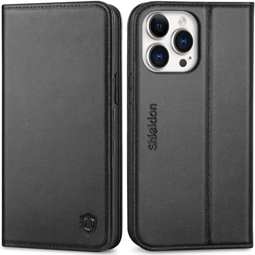 SHIELDON Genuine Leather Wallet Case for iPhone 14 Pro Max 6.7, Black | Card Holder, RFID Blocking, Kickstand, Magnetic Closure, Shockproof TPU Shell, Book Folio, Protective Flip Phone Cover