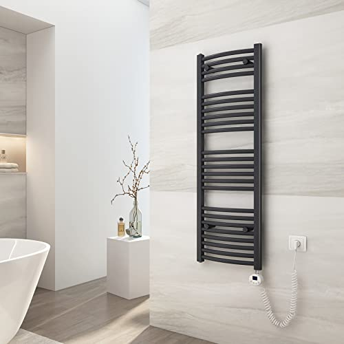 EMKE Handtuchheizkörper Elektrisch 120x40 cm, Gebogen Badheizkörper Elektrisch mit Thermostat, Handtuchtrockner Handtuchwärmer mit Timer Anthrazit 500 Watt