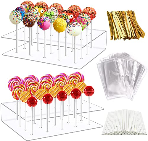 Cake Pop Stand, 2PCS 20 Hole Acrylic Lollipop Holder Display Stand with 100Pcs Paper Sticks 100Pcs Clear Treat Bags and 100Pcs Twist Ties for Wedding Baby Shower Birthday Party Halloween Christmas