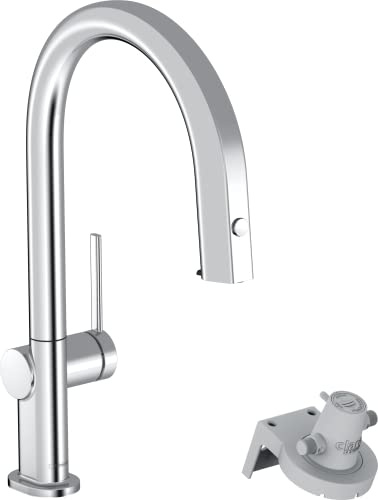 hansgrohe Küchenarmatur Aqittura M91 mit Wasserfilter, 3 Wege Wasserhahn Küche mit Auslauf Höhe 210 mm, mit Schlauchbox, 150° drehbar, ausziehbar, 1 Strahlart, Chrom