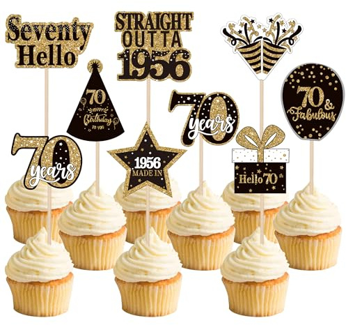 Xsstarmi 36 Pack 70th Birthday Cupcake Toppers Double Printed Seventy Hello 70th Straight Outta 1956 Cupcake Picks for Cheers to 70 Years 70th Birthday Wedding Party Decoration Supplies