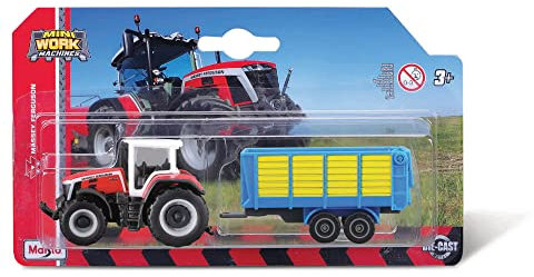Maisto Mini Working Machines MASSEY FERGUSSON 8S.265 TRACTOR WITH BALER TRAILER – 3” – Incredibly Detailed Die-Cast Replica Collectible Model, Assorted Models, Red