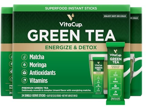 VitaCup Green Tea Instant Packets, Enhance Energy & Detox with Matcha, Moringa, B Vitamins, D3, Fiber, Keto, Paleo, Vegan in Tea Powder Single Serving Sticks, 72 Ct