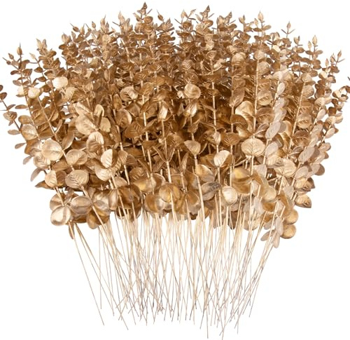 FEQO 90 Pcs Gold Artificial Eucalyptus Stems 15 Faux Eucalyptus Branches