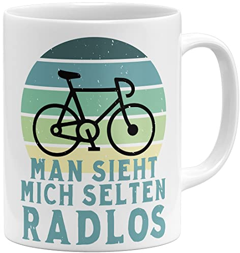 OM3® Fahrrad Tasse mit Spruch - man sieht mich selten Radlos - Keramik Becher - 11oz 325ml - Beidseitig Bedruckt - Weiss