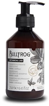 Bullfrog Shampoing Nourrissant Réparateur 250ml - Shampooing pour Cheveux et Barbe - Propriétés Apaisantes et Revitalisantes - Notes Douces et Gourmandes - Fabriqué en Italie.
