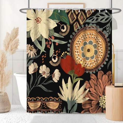 Uiiooazy Duschvorhang 180x180cm Anti Schimmel Boho Abstrakt Rot Blumen | Duschvorhang Tropisch Grün Palmeblätter Dschungel Wasserdicht Stoff Polyester Waschbar Badvorhang mit 12 Haken für Badezimmer